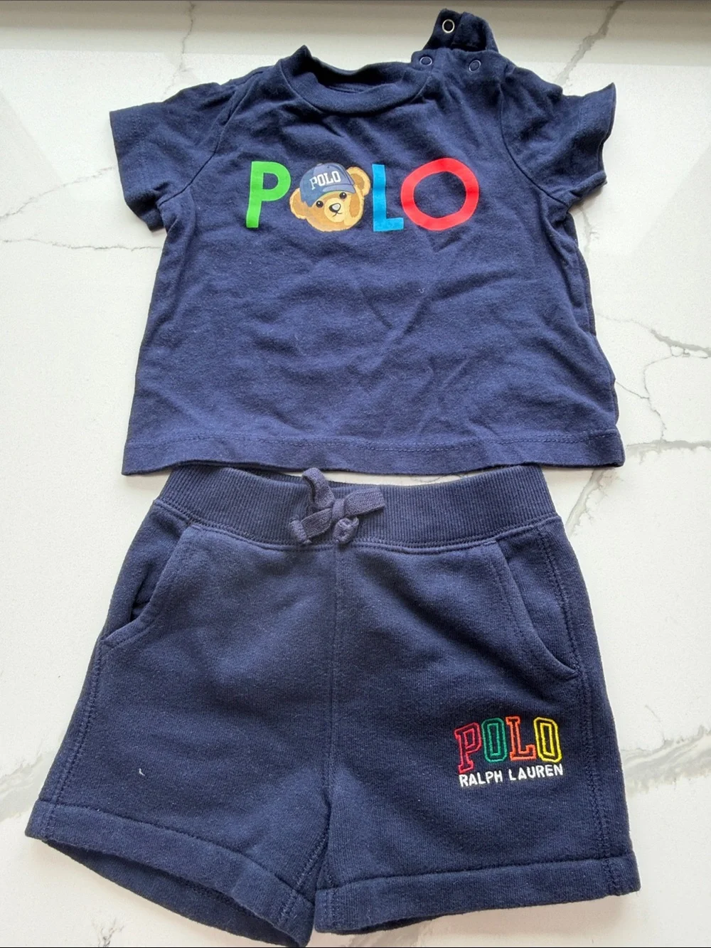 Ralph Lauren Baby Navy Tee and Shorts Set with Colorful POLO Logo